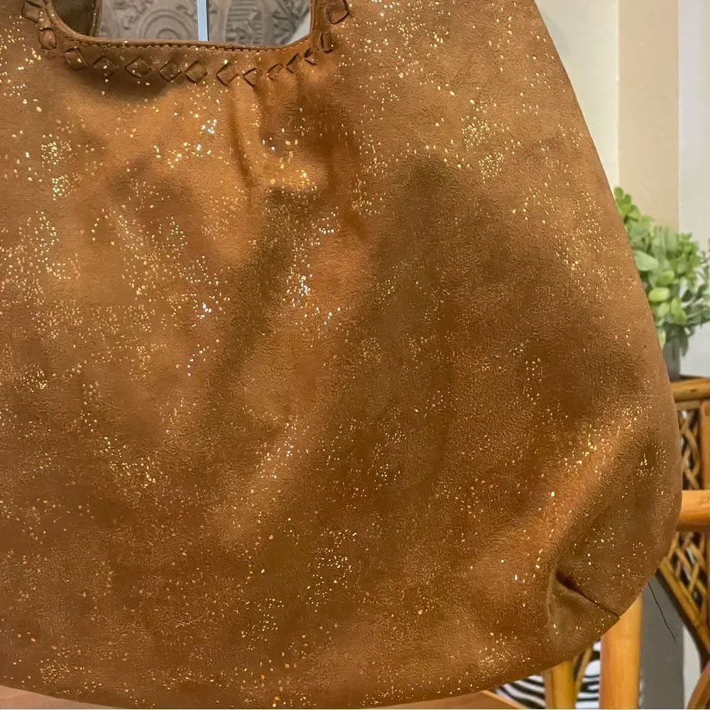 Deux Lux Oversized Shimmer Hobo Bag Camel Brown With Gold Flakes